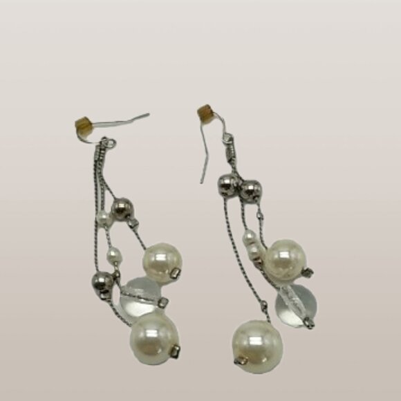 Faux Pearl Clear Bead Silver-tone Dangle Earrings - Picture 5 of 13